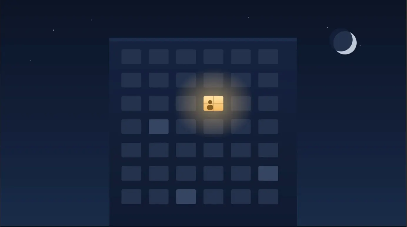 Ilustrație conceptuală a singurătății: o clădire noaptea cu numeroase ferestre întunecate și o singură fereastră luminată, în care se vede silueta unei persoane. /Sursa foto: Ilustrație generată cu AI (Claude, Anthropic)